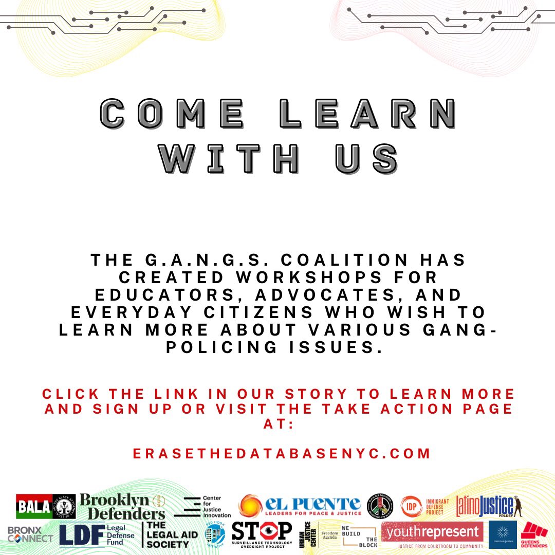GangScoalition's tweet image. We&apos;re hosting free community workshops on gang policing and surveillance.
Open to educators, youth workers, and organizers. Learn how to teach and push back.
Sign up here: bit.ly/gang-policing-…
#EraseTheDatabase