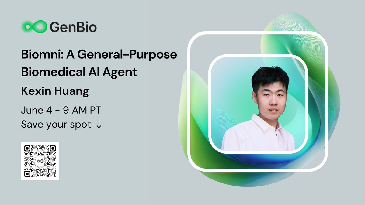 GenBio AI (@genbioai) on Twitter photo 1/ 🚨 #FM4Bio seminar update! 🚨
Due to strong interest in Biomni, our next Foundation Models for Biology (FM4Bio) seminar with <a href="/KexinHuang5/">Kexin Huang</a> will now focus on: "Biomni: A General-Purpose Biomedical AI Agent."
📅 June 4, 9:00 AM PT
📍 Save your spot: x.genbio.ai/seminar 1/ 🚨 #FM4Bio seminar update! 🚨
Due to strong interest in Biomni, our next Foundation Models for Biology (FM4Bio) seminar with <a href="/KexinHuang5/">Kexin Huang</a> will now focus on: "Biomni: A General-Purpose Biomedical AI Agent."
📅 June 4, 9:00 AM PT
📍 Save your spot: x.genbio.ai/seminar
