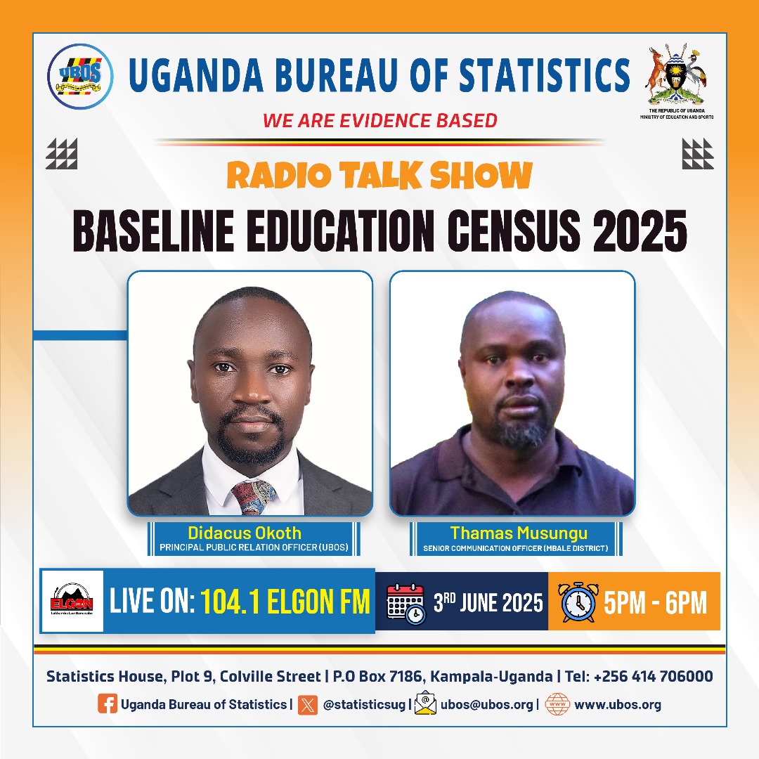 🎙️ LIVE on 104.1 Elgon FM!

UBOS Principal PRO, Didacus Okoth, discusses the ongoing Baseline Education Census 2025 and other key initiatives driving evidence-based planning.

Joining him is Thamas Musungu, Senior Communications Officer – Mbale District Local Government