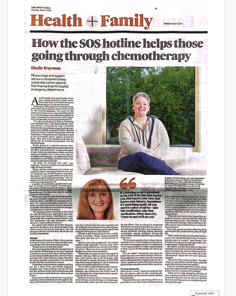NCCP (@hsenccp) on Twitter photo <a href="/IrishTimes/">The Irish Times</a> features an interview with Pauline Doyle, discussing the SOS Hotline hse.ie/!F88NJQ making 'a real, tangible difference in the lives of people undergoing chemotherapy'. The difference for Pauline accessing the SOS Hotline vs. going via ED is 'night & day'. <a href="/IrishTimes/">The Irish Times</a> features an interview with Pauline Doyle, discussing the SOS Hotline hse.ie/!F88NJQ making 'a real, tangible difference in the lives of people undergoing chemotherapy'. The difference for Pauline accessing the SOS Hotline vs. going via ED is 'night & day'.