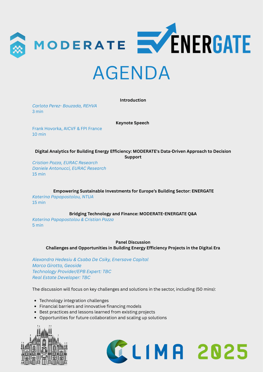 Energate_eu's tweet image. 🚨 Only 2 days to go! 🚨
Join ENERGATE & MODERATE at CLIMA 2025, June 5, 11:30-13:00, Milan.
Discover smart energy solutions, digital tools & success stories to boost building efficiency!
More info 👉 lnkd.in/dMeW3bHn
#SmartEnergyCluster
