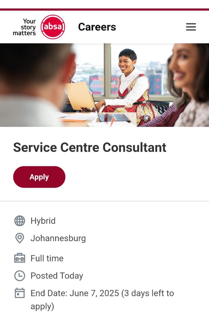 Tumelo T (@tumelo_br) on Twitter photo <a href="/ChrisExcel102/">ChrisExcel</a> Do your own research
📌ABSA Bank is hiring!
✅Customer Service Consultant
📍JHB
Salary: R12,500- R19,000 p/m
Requirements:
- Matric/ Grade 12
- Higher Certificate
Closing Date: 07-June-2025 visionsoul.co.za/customer-servi…
otieu.com/4/9337095 <a href="/ChrisExcel102/">ChrisExcel</a> Do your own research
📌ABSA Bank is hiring!
✅Customer Service Consultant
📍JHB
Salary: R12,500- R19,000 p/m
Requirements:
- Matric/ Grade 12
- Higher Certificate
Closing Date: 07-June-2025 visionsoul.co.za/customer-servi…
otieu.com/4/9337095