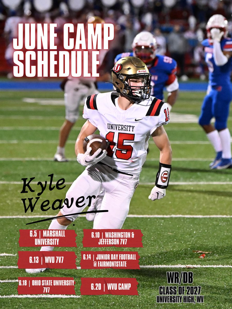 Kyle Weaver (@kyleweaver03) on Twitter photo Upcoming camps + 7 on 7 schedule for the month of June. Starts off with <a href="/HerdFB/">Marshall Football</a> in 2 days!
<a href="/CoachSnyderUHS/">Eric Snyder</a> <a href="/uhshawksfb/">universityhawksfootball</a>
<a href="/Coach_Lawless/">Coach Dustin Lawless</a> <a href="/Coach_Wolfley/">Stone Wolfley</a> <a href="/PrepRedzoneWV/">Prep Redzone West Virginia</a> <a href="/OhioValleyPreps/">Ohio Valley Preps</a> <a href="/CoalfieldsCo/">Coalfields & Co.</a> Upcoming camps + 7 on 7 schedule for the month of June. Starts off with <a href="/HerdFB/">Marshall Football</a> in 2 days!
<a href="/CoachSnyderUHS/">Eric Snyder</a> <a href="/uhshawksfb/">universityhawksfootball</a>
<a href="/Coach_Lawless/">Coach Dustin Lawless</a> <a href="/Coach_Wolfley/">Stone Wolfley</a> <a href="/PrepRedzoneWV/">Prep Redzone West Virginia</a> <a href="/OhioValleyPreps/">Ohio Valley Preps</a> <a href="/CoalfieldsCo/">Coalfields & Co.</a>