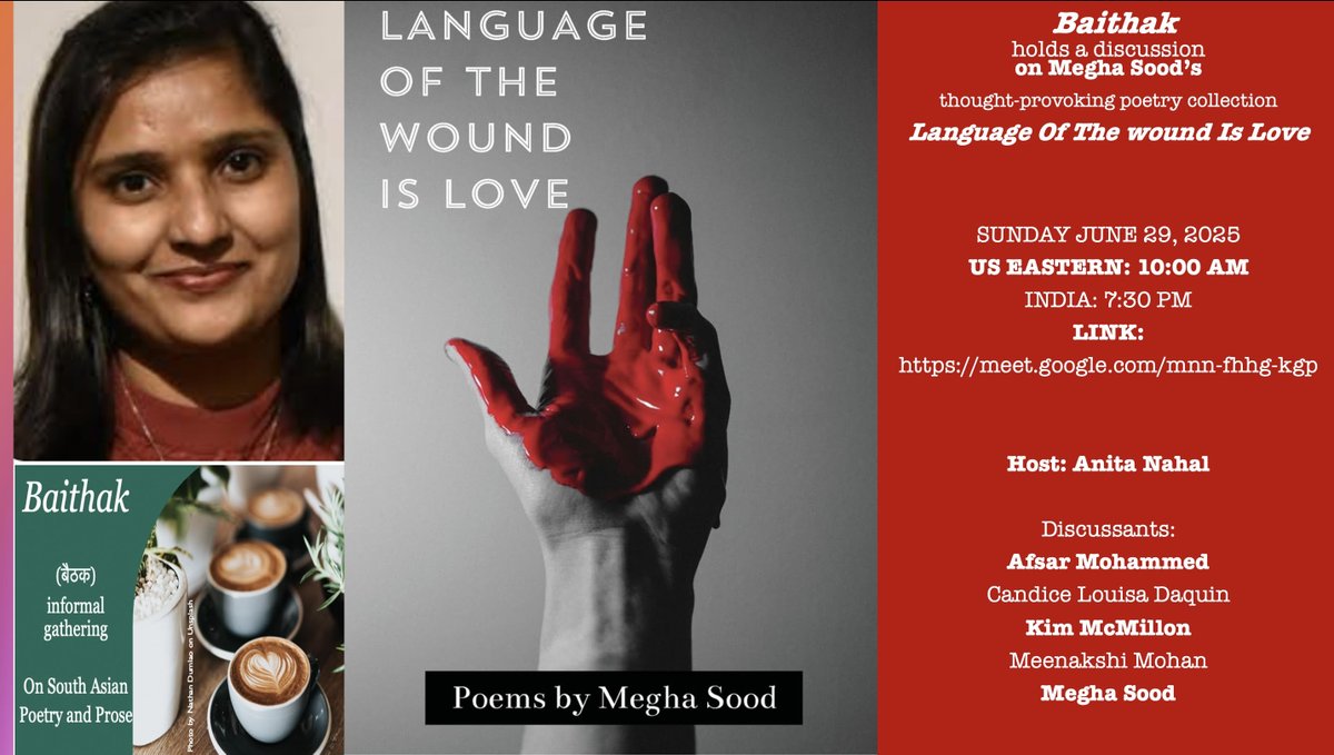 Meghasworld (@meghasood16) on Twitter photo ***Poetry Reading at Baithak with Dr Anita Nahal, June 29, 2025, 10am EDT #booktour #LanguageoftheWoundIsLove #Baithak #flowersongpress
Link to join the discussion: meet.google.com/mnn-fhhg-kgp
@jcwriters @nlapw <a href="/mvicw/">MVICW</a> <a href="/kundimanforever/">Kundiman</a> <a href="/vonavoices/">VONA Voices</a> <a href="/ap_writers/">Asia Pacific Writers & Translators</a> ***Poetry Reading at Baithak with Dr Anita Nahal, June 29, 2025, 10am EDT #booktour #LanguageoftheWoundIsLove #Baithak #flowersongpress
Link to join the discussion: meet.google.com/mnn-fhhg-kgp
@jcwriters @nlapw <a href="/mvicw/">MVICW</a> <a href="/kundimanforever/">Kundiman</a> <a href="/vonavoices/">VONA Voices</a> <a href="/ap_writers/">Asia Pacific Writers & Translators</a>