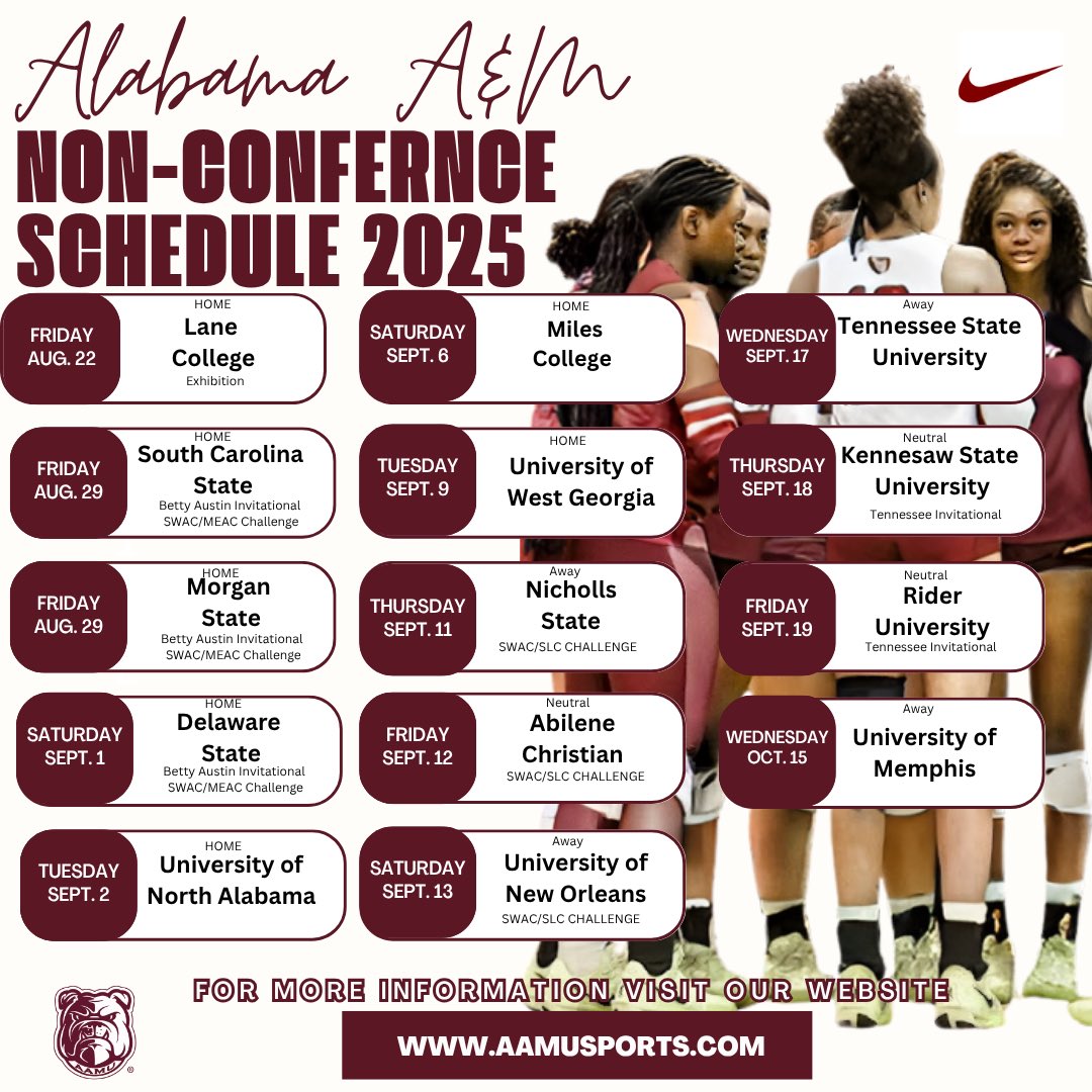 AlabamaAmvb's tweet image. 🔥🏐 Alabama A&M Volleyball Non-Conference Schedule 2025 is HERE! Ready to dominate? 💥💪 #NoMercy #BulldogPride #VolleyballSeason