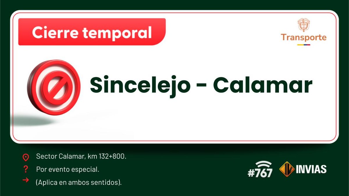 ¡Buenos días!

#NovedadVial en el departamento de #Bolívar, se reporta cierre temporal en el sector Calamar. #EnDesarrollo

Trabajamos para mantenerte informado.