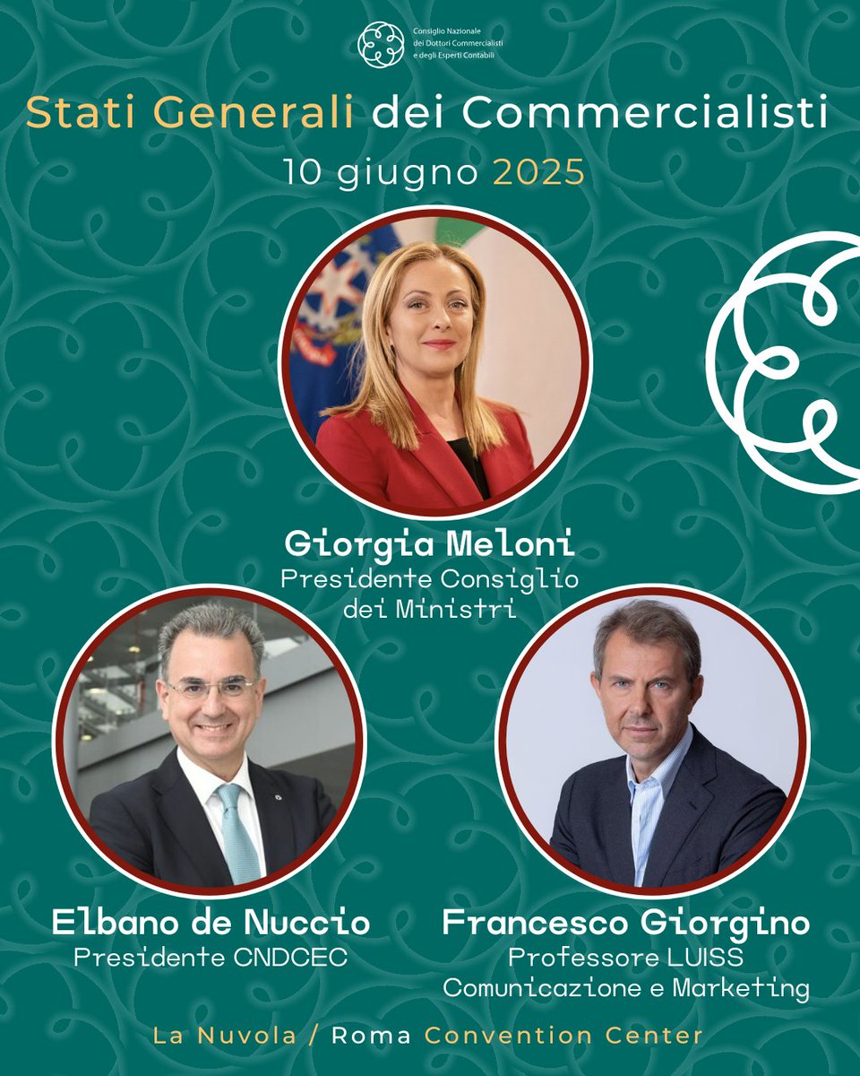 Il 10 giugno a Roma gli #StatiGeneraliCommercialisti2025 organizzati da <a href="/CndcecConsiglio/">Consiglio nazionale commercialisti</a> presieduto da <a href="/elbano_de/">Elbano de Nuccio</a> Nuccio. Edizione dedicata ai Commercialisti: una guida strategica per le sfide del Paese eventi.commercialisti.it