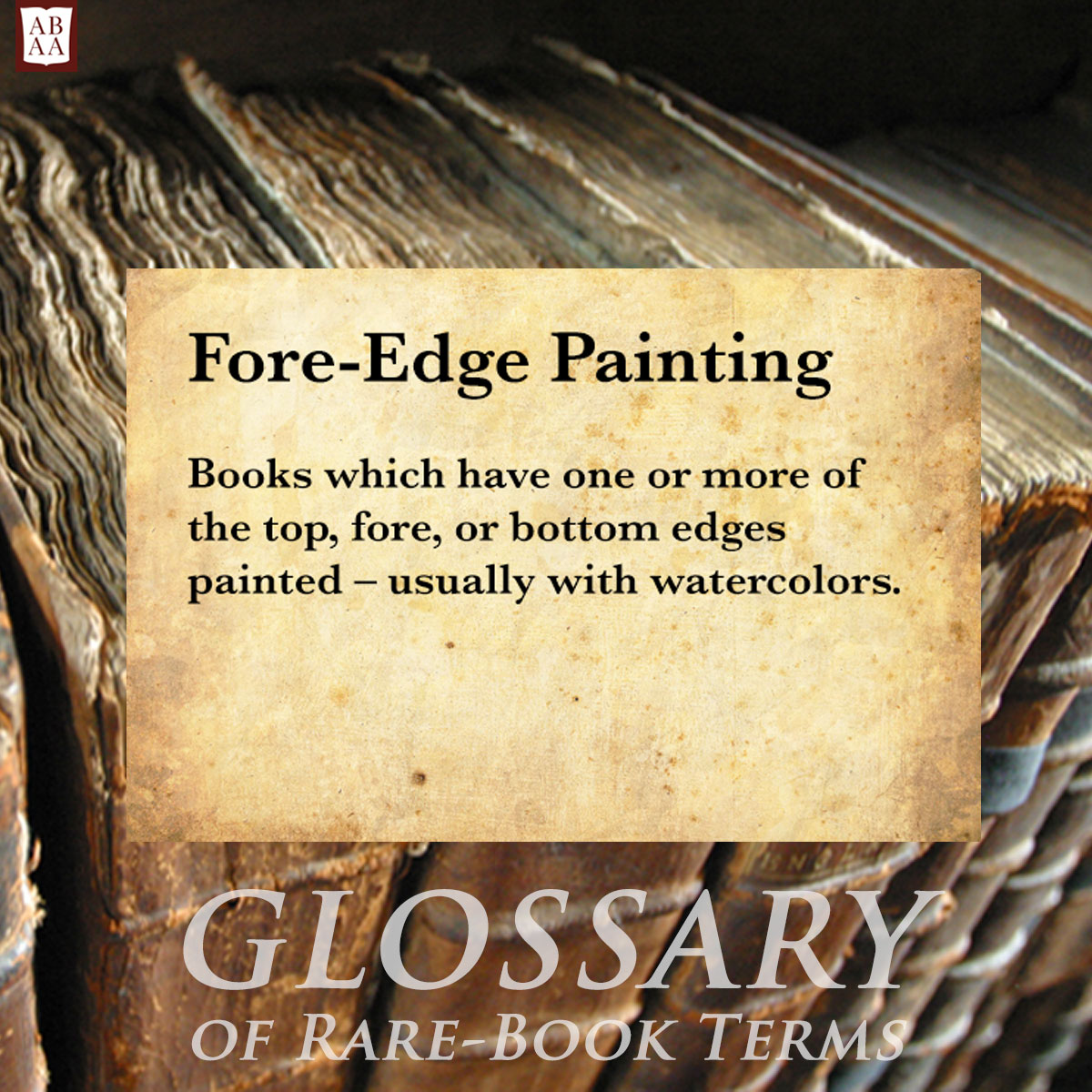 #TerminologyTuesday: FORE-EDGE PAINTING

Books which have one or more of the top, fore, or bottom edge painted – usually with watercolors.

Learn more at ABAA Glossary of Book Terms: abaa.org/glossary/entry…

#RareBooks #foreedgepainting #bookcollecting #bookart #bookedgepainting