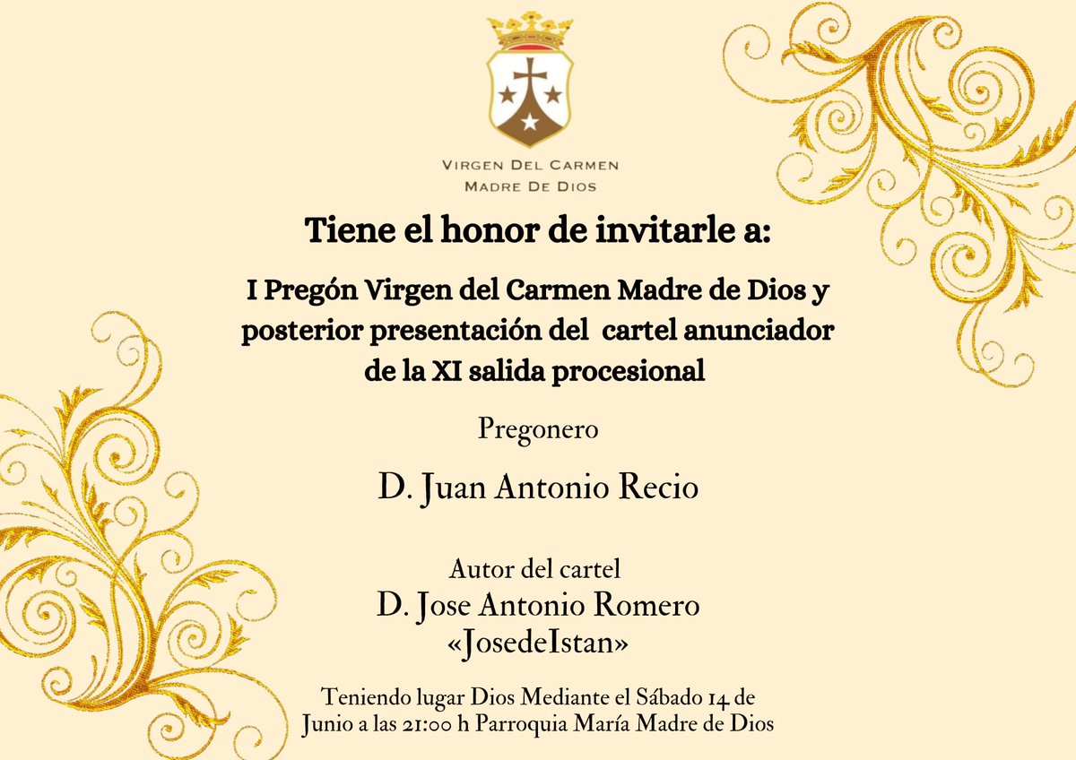 | OFICIAL | 📣

El proximo Sabado 14 de Junio tendra lugar el primer pregon y posterior presentacion del cartel anunciador de este año realizado por <a href="/josedeistan/">josedeistan</a> ,estaremos encantados de tener vuestra presencia, VIVA LA VIRGEN DEL CARMEN MADRE DE DIOS 🤎🤍