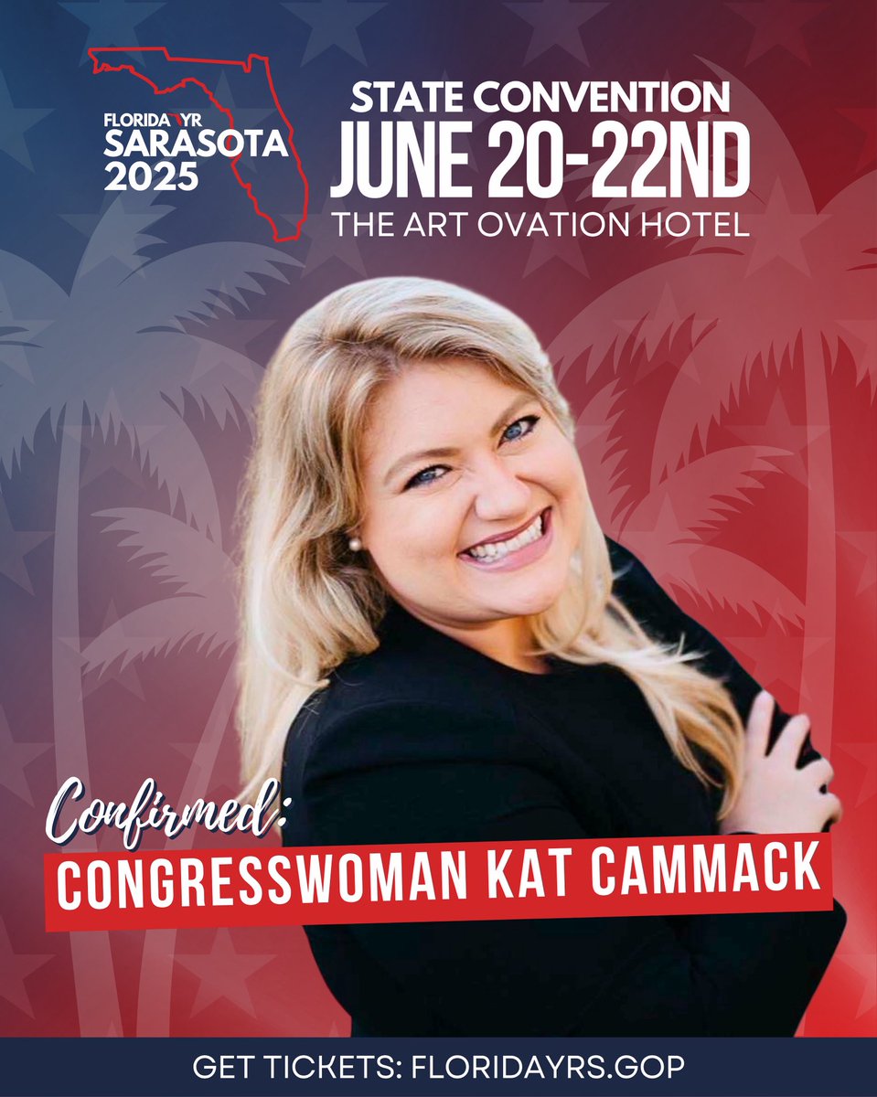 Florida Young Republicans (@floridayrs) on Twitter photo We’re excited to host Congresswoman <a href="/Kat_Cammack/">Kat Cammack</a> at the 66th Annual Florida YR State Convention!
Get your tickets now: floridayrs.gop We’re excited to host Congresswoman <a href="/Kat_Cammack/">Kat Cammack</a> at the 66th Annual Florida YR State Convention!
Get your tickets now: floridayrs.gop