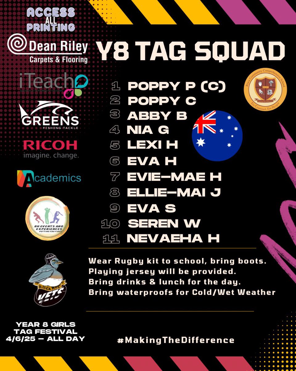 RCCS Rugby ๐ (@rccs_rugby) on Twitter photo ๐๐๐๐ 8 ๐น๐๐๐๐ | Girls Tag Festival
Here is our Squads for tomorrows Year 8 Girls Tag Festival at <a href="/crosskeysrfc/">Cross Keys RFC</a> ๐๏ธ
Itโs a <a href="/rugbyworldcup/">Rugby World Cup</a> Themes Festival so we are going as Australia ๐ฆ๐บ tomorrow! #RWC2025 ๐
Pupils will be provided with a Jersey๐ ๐๐๐๐ 8 ๐น๐๐๐๐ | Girls Tag Festival
Here is our Squads for tomorrows Year 8 Girls Tag Festival at <a href="/crosskeysrfc/">Cross Keys RFC</a> ๐๏ธ
Itโs a <a href="/rugbyworldcup/">Rugby World Cup</a> Themes Festival so we are going as Australia ๐ฆ๐บ tomorrow! #RWC2025 ๐
Pupils will be provided with a Jersey๐