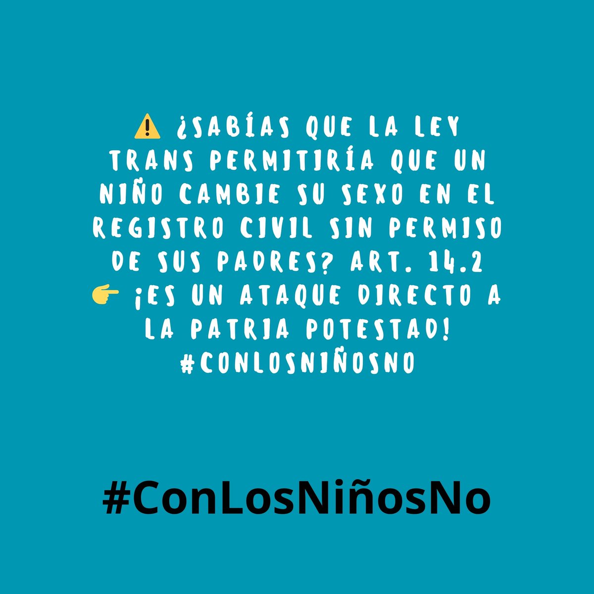 JULIANITAHERO's tweet photo. ⚠️ ¿Sabías que la Ley Trans permitiría que un niño cambie su sexo en el registro civil sin permiso de sus padres? Art. 14.2
👉 ¡Es un ataque directo a la patria potestad!
#ConLosNiñosNO https://t.co/jWz0oCYHUZ
