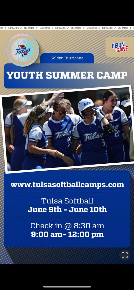 TulsaSoftball's tweet image. Join us for camp! 🌀
Sign up here: tulsasoftballcamps.com
#ReignCane