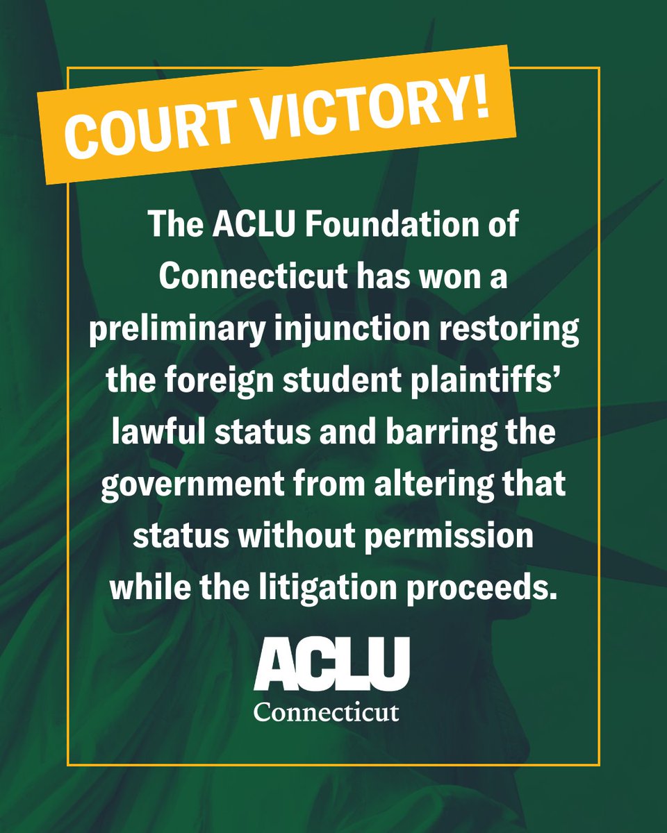 “This preliminary injunction reinforces that these students belong at their colleges and universities, and that DHS unfairly and unlawfully targeted them," said ACLU Foundation of CT legal director Dan Barrett.

Read the full press release here: acluct.org/en/press-relea…