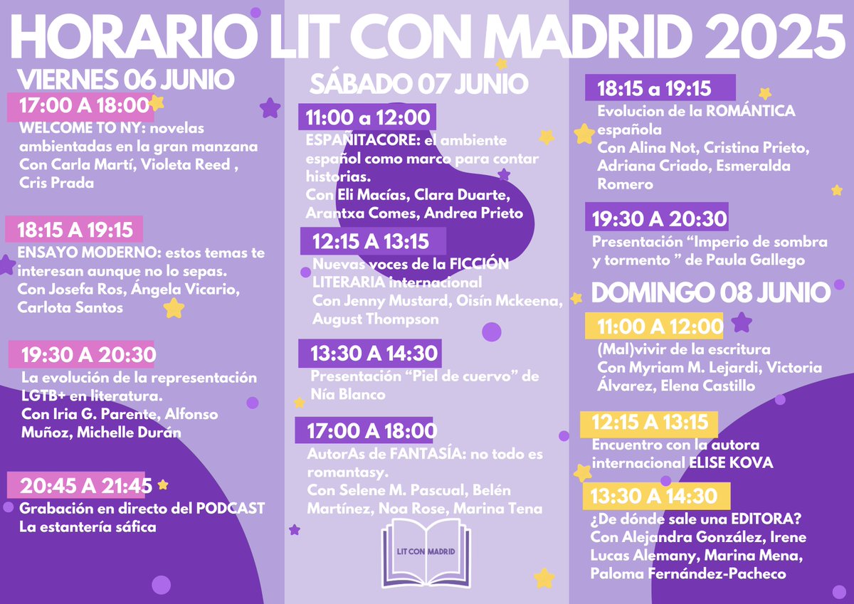 Lit Con Madrid (@litconmadrid) on Twitter photo 💜 PROGRAMACIÓN COMPLETA LIT CON MADRID 2025 💜 Guardaos esta imagen con tooooda la información juntita para que podáis acceder a ella y consultarla siempre que queráis. ¡Nos vemos este finde en el #PabellonEuropa en la <a href="/FLMadrid/">Feria del Libro de Madrid</a> ! #FLM25 #LCM25 💜 PROGRAMACIÓN COMPLETA LIT CON MADRID 2025 💜 Guardaos esta imagen con tooooda la información juntita para que podáis acceder a ella y consultarla siempre que queráis. ¡Nos vemos este finde en el #PabellonEuropa en la <a href="/FLMadrid/">Feria del Libro de Madrid</a> ! #FLM25 #LCM25