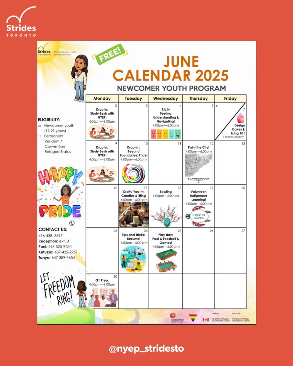 stridesTO's tweet image. Wondering what's happening around #StridesTO during the month of June? Swipe to see The Zone and Newcomer Youth Program June Calendars! #YouthPrograms #ScarbTO #ScarboroughYouth #YouthMentalHealth #Scarborough #YouthDropIn