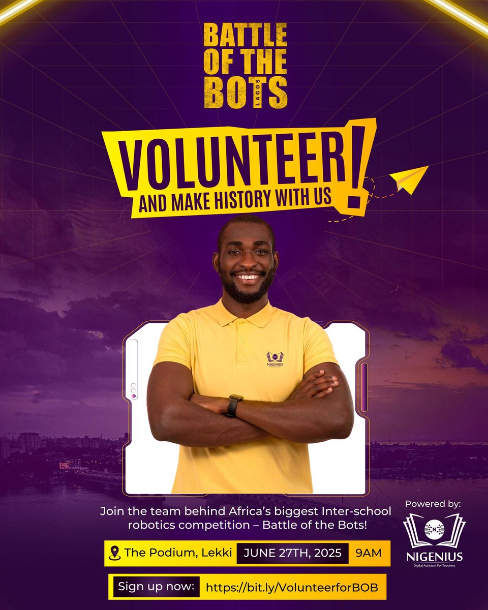 nigenius's tweet photo. Call for Volunteers!
Be part of the team behind Africa’s biggest robotics competition – Battle of the Bots!
Lend your skills, meet great minds, and make history with us.
📅 June 27, 2025
🕒 9AM
📍 The Podium, Lekki
🔗 Sign up now: https://t.co/2tQkKKQUEZ
#BattleOfTheBots https://t.co/fjyvBW3xXo