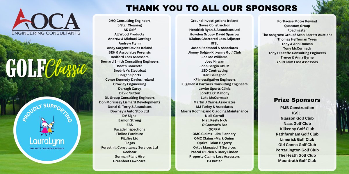 We extend our heartfelt THANK YOU to all the sponsors of the AOCA Golf Classic 2025, held in support of LauraLynn Children's Hospice.