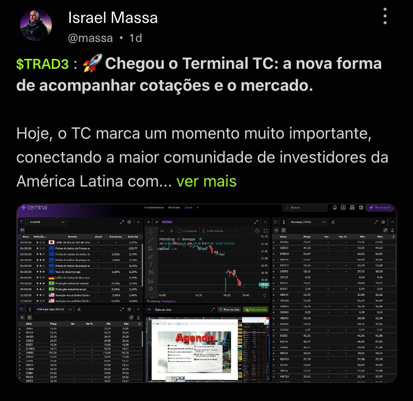 TC (@tcinvestimentos) on Twitter photo ⚡️Terminal do TC!
A nova forma de acompanhar cotações e o mercado!
Veja mais detalhes aqui:
tc.tradersclub.com.br/home?postId=68…
<a href="/israel_massa/">Israel Massa 🏴☠️</a> ⚡️Terminal do TC!
A nova forma de acompanhar cotações e o mercado!
Veja mais detalhes aqui:
tc.tradersclub.com.br/home?postId=68…
<a href="/israel_massa/">Israel Massa 🏴☠️</a>