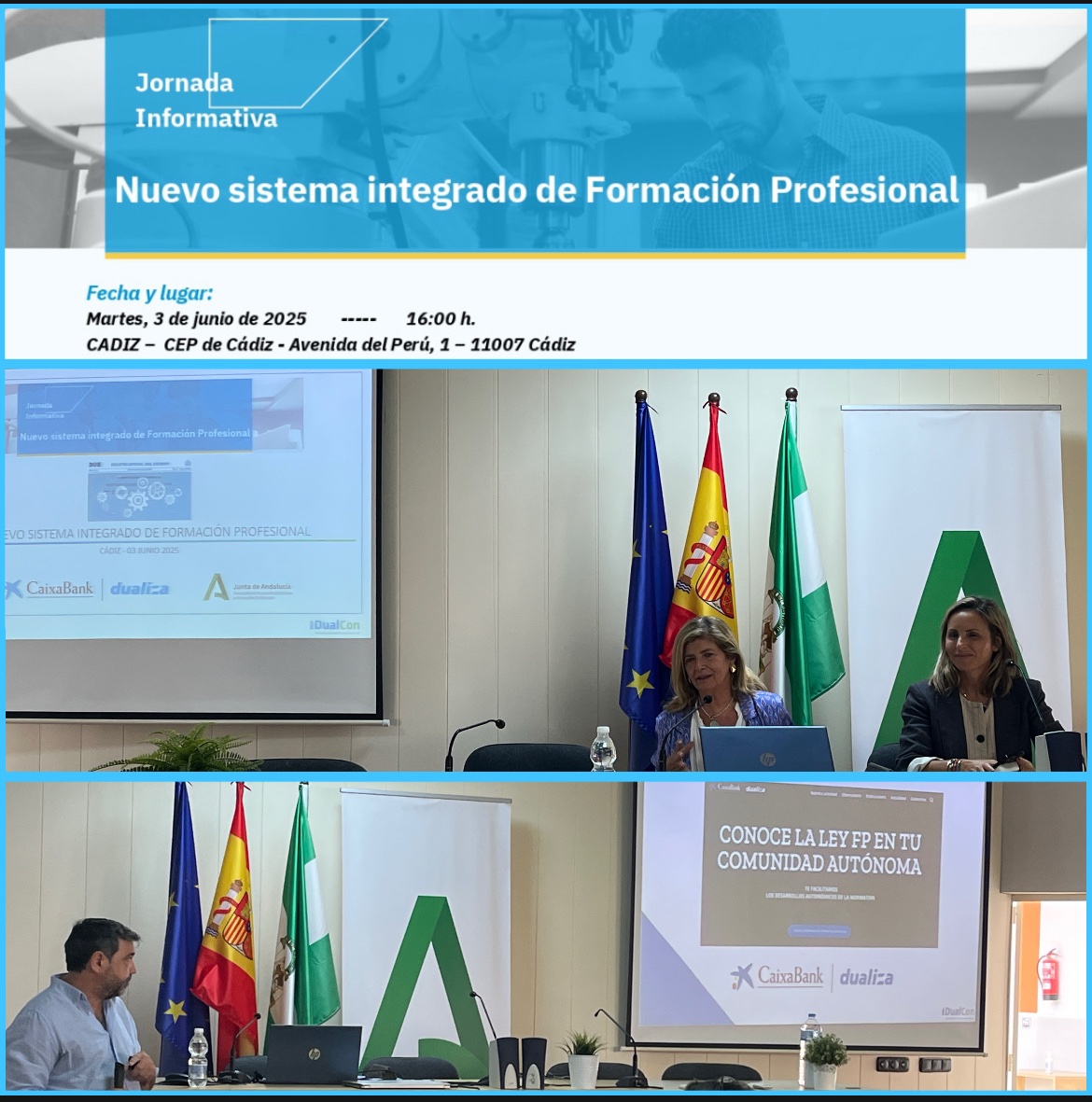 CEPdeCadiz's tweet photo. Nuestra delegada territorial Dña. Isabel Paredes ha inaugurado el taller de orientación profesional de #FPAndaluza, en el que César García de #dualcon presenta vías de acceso, con itinerarios formativos y las demandas de empleo en la provincia.
@EducaAnd
@CABK_Dualiza https://t.co/wuj4ytlhRd