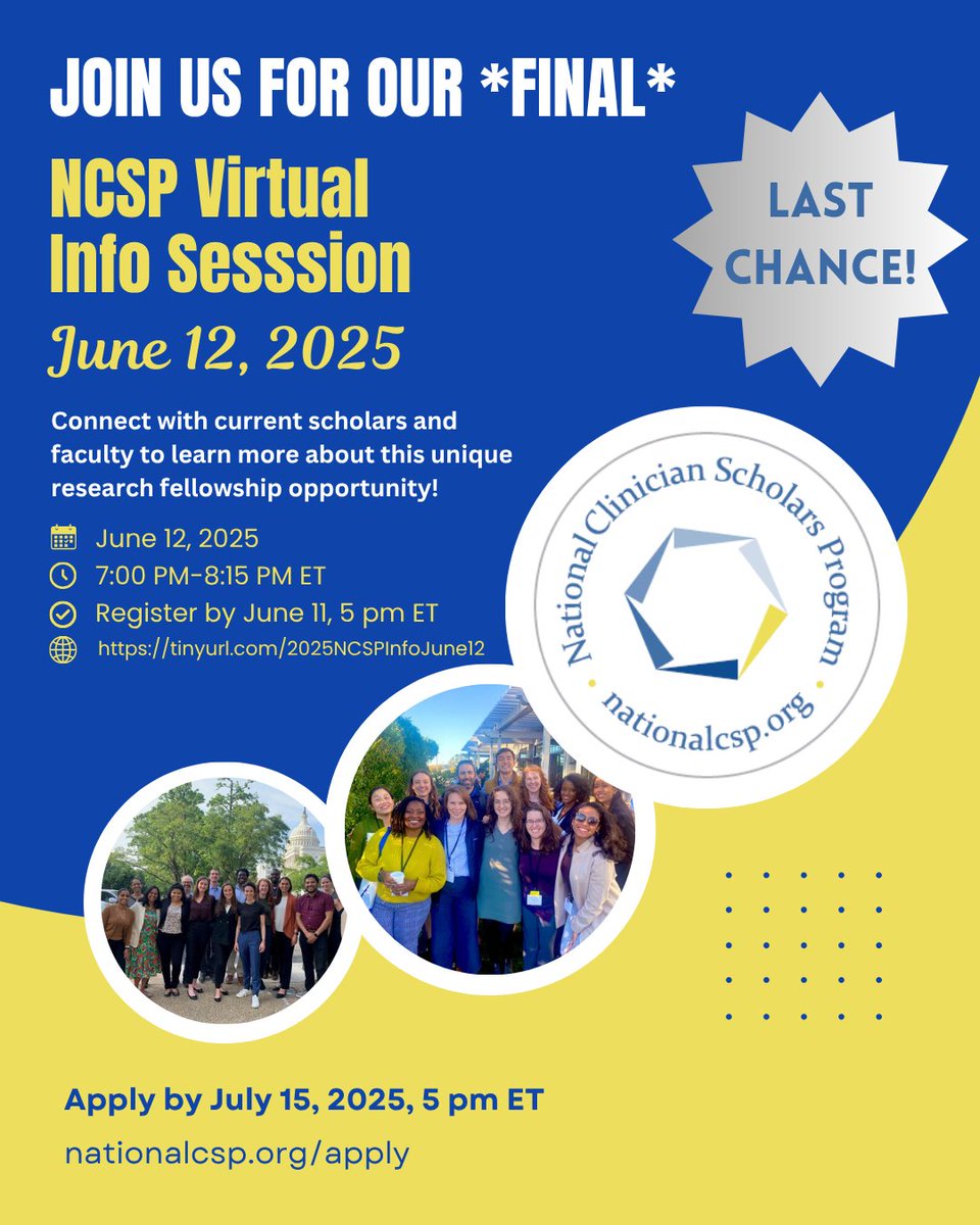 National CSP (@nationalcsp) on Twitter photo Questions about NCSP or the application process? Speak with current faculty and scholars during our LAST VIRTUAL INFO SESSION of the season on JUNE 12! Register: tinyurl.com/2025NCSPInfoJu… <a href="/NCSP_UCLA/">NCSP at UCLA</a> <a href="/NCSP_UCSF/">NCSP at UCSF</a> <a href="/ncspMICHIGAN/">Nat’l Clinician Scholars Program at U-M IHPI</a>
<a href="/NCSP_Penn/">NCSP at Penn</a> <a href="/NCSP_Yale/">NCSP at Yale</a> <a href="/NCSP_Duke/">NCSP at Duke</a> Questions about NCSP or the application process? Speak with current faculty and scholars during our LAST VIRTUAL INFO SESSION of the season on JUNE 12! Register: tinyurl.com/2025NCSPInfoJu… <a href="/NCSP_UCLA/">NCSP at UCLA</a> <a href="/NCSP_UCSF/">NCSP at UCSF</a> <a href="/ncspMICHIGAN/">Nat’l Clinician Scholars Program at U-M IHPI</a>
<a href="/NCSP_Penn/">NCSP at Penn</a> <a href="/NCSP_Yale/">NCSP at Yale</a> <a href="/NCSP_Duke/">NCSP at Duke</a>