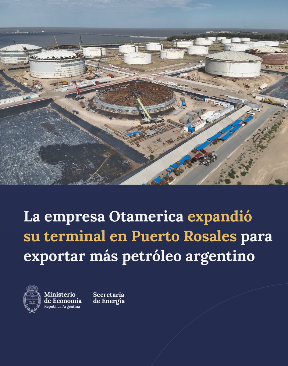 Energia_Ar's tweet image. Más infraestructura para potenciar Vaca Muerta.
La empresa OTAMERICA amplió su terminal de Puerto Rosales (Bahía Blanca) que permitirá aumentar la capacidad de exportación de petróleo argentino.
Gracias a una economía ordenada, el sector privado invierte y hace crecer al país.
