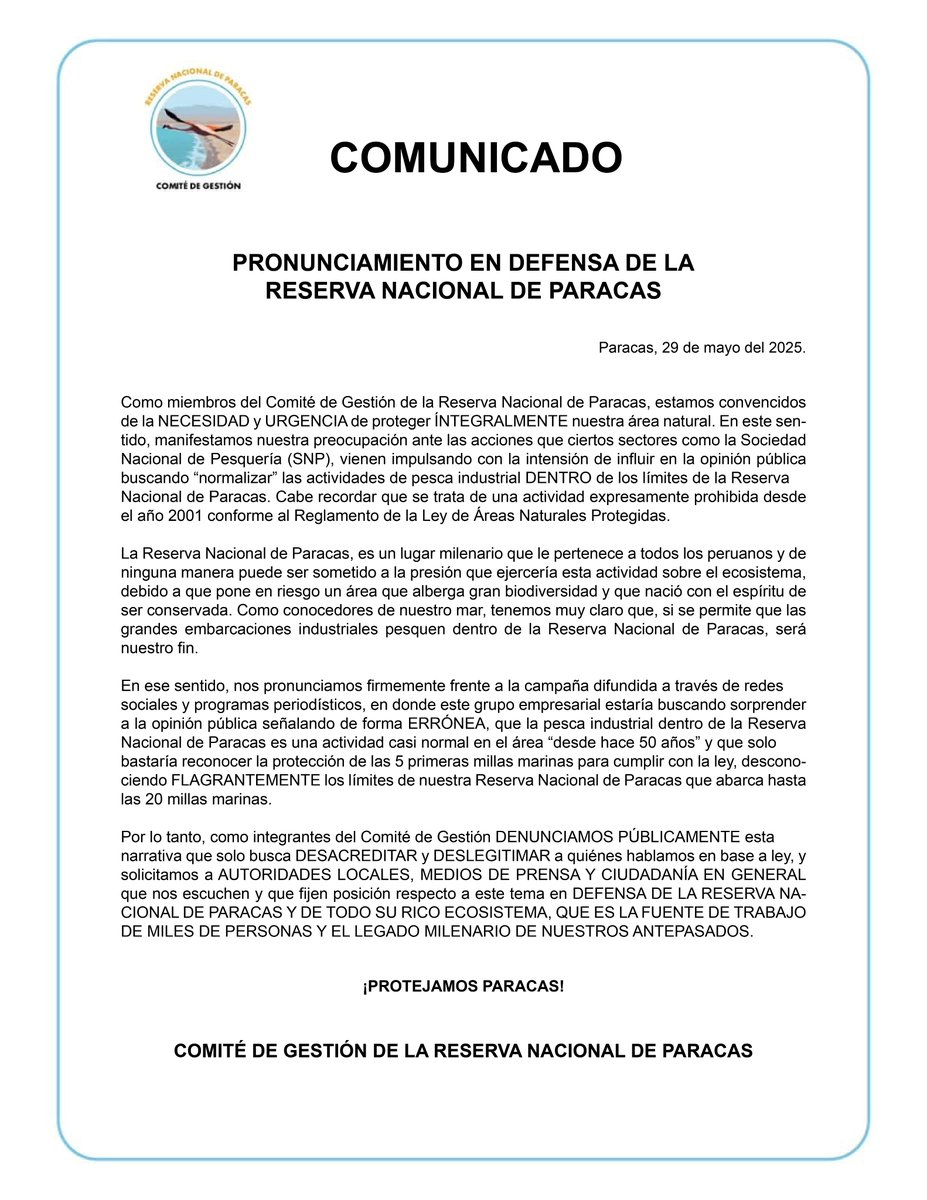 ProtegeParacas's tweet photo. ¡No más mentiras para depredar Paracas! El Comité de Gestión de la Reserva Nacional de Paracas, máximo representante de esta Área Natural Protegida, se pronuncia en contra de la pesca industrial al interior de la Reserva y pide respeto a la prohibición que actualmente tiene la flota industrial para operar en todo el polígono que la conforma. Porque nuestra amada Reserva de Paracas es más que solo cinco millas. ¡Salvemos Paracas!