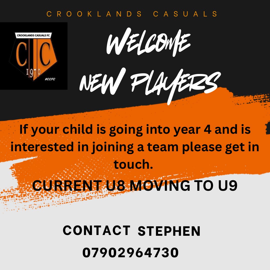 NEW PLAYERS 

We are looking for some new players for our u9 team (current year 3, next years year 4)

For more information contact Stephen Dawes. 07902964730 

🍊🍊🍊
