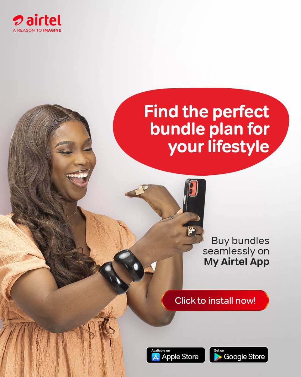 Stay one step ahead. 

Download the My Airtel App now on Google Play store or App Store, and enjoy seamless bundle purchasses tailored to your lifestyle. 

#MyAirtelApp
#AReasonToImagine