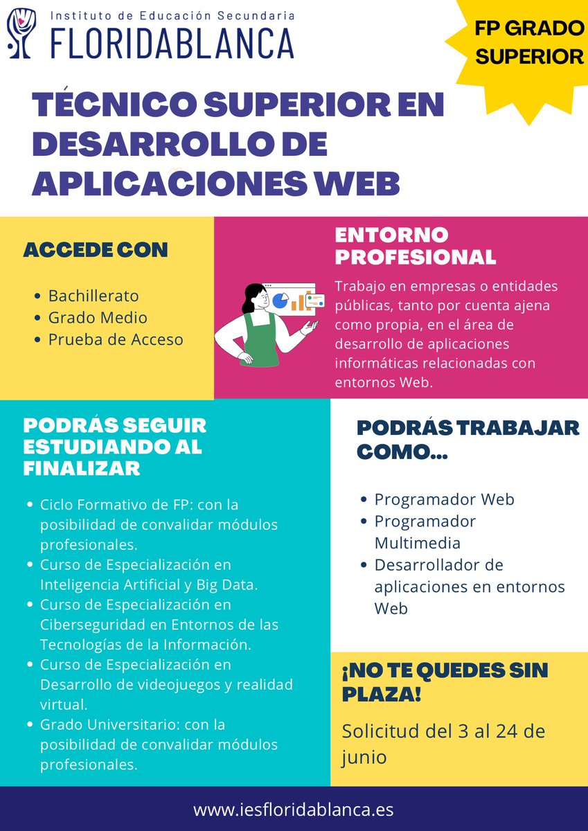 ies floridablanca (@iesflori) on Twitter photo 💻 ¿Te interesa la programación y el desarrollo web?
Estudia el Grado Superior en Desarrollo de Aplicaciones Web en <a href="/iesflori/">ies floridablanca</a>
✅ Alta empleabilidad
✅ Especialización en IA, Big Data, ciberseguridad, videojuegos…
📅 Solicita tu plaza antes del 24 de junio 💻 ¿Te interesa la programación y el desarrollo web?
Estudia el Grado Superior en Desarrollo de Aplicaciones Web en <a href="/iesflori/">ies floridablanca</a>
✅ Alta empleabilidad
✅ Especialización en IA, Big Data, ciberseguridad, videojuegos…
📅 Solicita tu plaza antes del 24 de junio