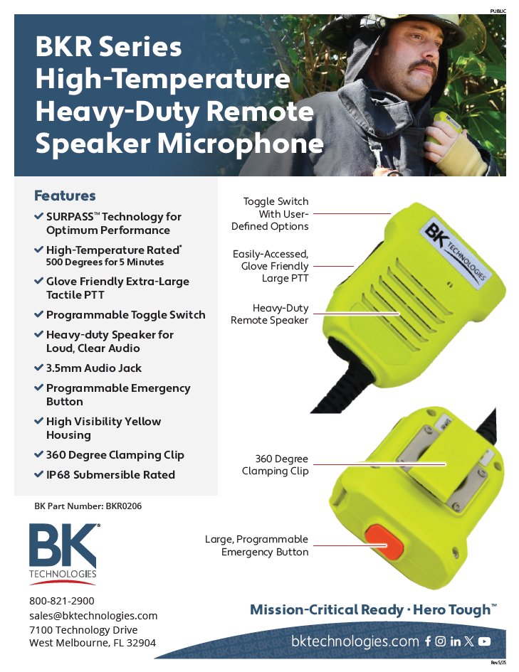 The BKR High Temperature Heavy-Duty Remote Speaker Mic offers loud, clear audio for your BKR multi-band or VHF portable radio, complimenting it with SURPASS™ Technology for optimum performance in a  glove-friendly design. Experience the  BKR0206 mic: bktstore.com/bkr0206