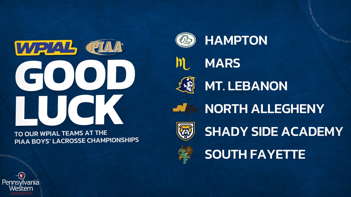 WPIAL (@wpial7) on Twitter photo Best of luck to our teams (<a href="/HTSDAthletics/">HTSD Athletics Department</a>, <a href="/MASDFP/">Mars Area Athletic Department</a>, <a href="/MtLebanonSports/">MtLebanon Sports</a>, <a href="/NATigerAthletic/">NATigers</a>, <a href="/shady_side/">Shady Side Academy</a>, <a href="/sflionssports/">South Fayette Sports</a>) beginning their <a href="/PIAASports/">PIAA</a> Boys' Lacrosse Championships journeys today! Bring home the gold! ๐ฅ
#WPIAL | ๐ฅ๐ | <a href="/PennWestUniv/">PennWest University</a> Best of luck to our teams (<a href="/HTSDAthletics/">HTSD Athletics Department</a>, <a href="/MASDFP/">Mars Area Athletic Department</a>, <a href="/MtLebanonSports/">MtLebanon Sports</a>, <a href="/NATigerAthletic/">NATigers</a>, <a href="/shady_side/">Shady Side Academy</a>, <a href="/sflionssports/">South Fayette Sports</a>) beginning their <a href="/PIAASports/">PIAA</a> Boys' Lacrosse Championships journeys today! Bring home the gold! ๐ฅ
#WPIAL | ๐ฅ๐ | <a href="/PennWestUniv/">PennWest University</a>