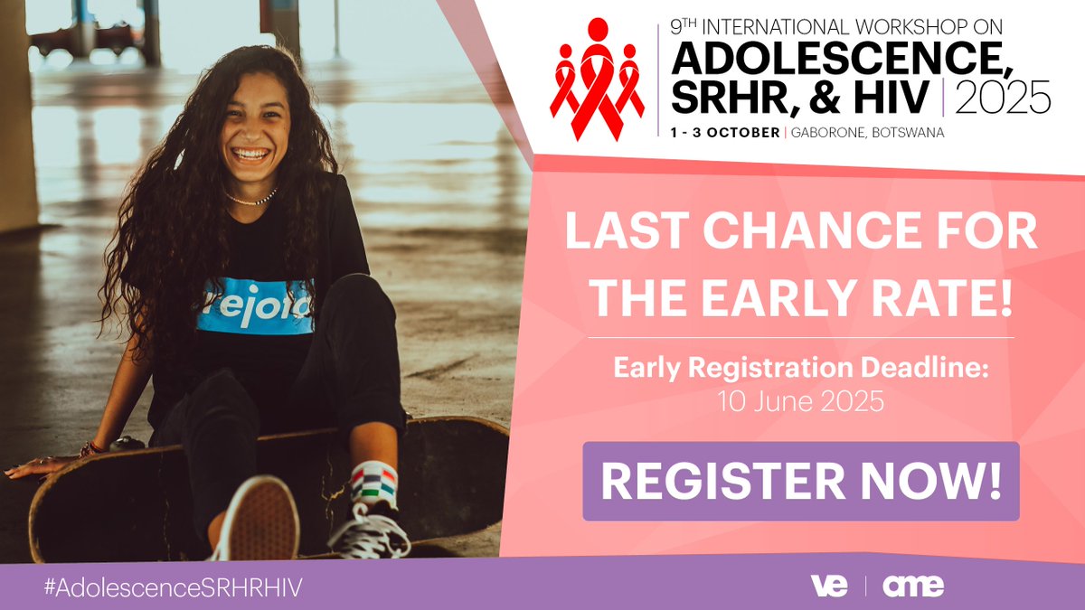 🚨 Early bird closes 10 June!

Join us in Gaborone this October for the 9th International Workshop on Adolescence, SRHR &amp; HIV Workshop! Topics: #HPV, dual therapy, #PrEP, mental health &amp; more!

🔗 More: amededu.co/44l0sAB

#AdolescenceSRHRHIV #AdolescentHealth #YouthAdvocacy