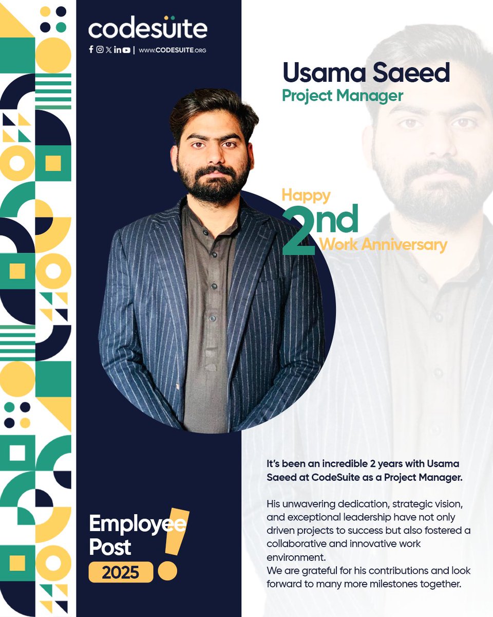 code_suite's tweet image. Celebrating 2 years of excellence with Usama Saeed at CodeSuite! Here’s to many more milestones ahead! 🌟
Join us in our growing team! 🙌
codesuite.org
#CodeSuite #2YearsStrong #TeamExcellence #LeadershipMatters #ProjectManager #Milestone #Grateful #Success