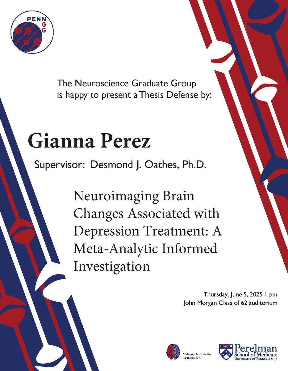 PennNGG's tweet image. #NGG is proud to present our next Thesis Defense given by Gianna Perez (@Gianna_M_Perez) of the Oathes Lab (@DesmondOathes)! Please join us in person or virtually (DM us for the link) on 6/5. Best of luck, Gianna! #PhAlmostDone 🥳