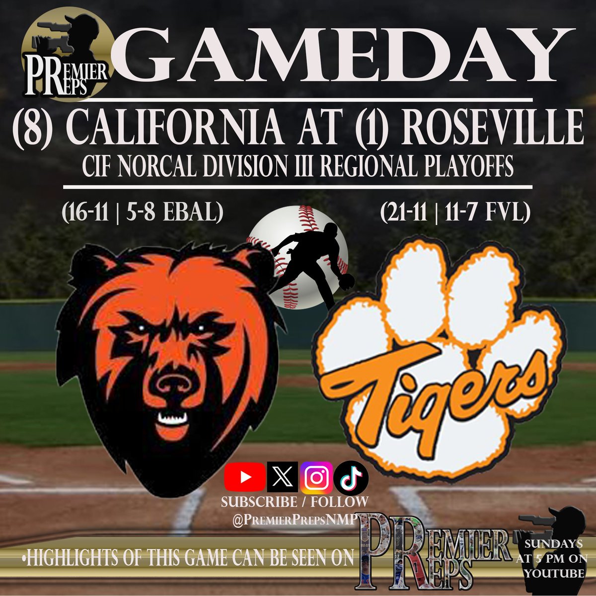 Nick Pecoraro (@premierprepsnmp) on Twitter photo TONIGHT!
NorCal⚾gets underway! The D3 bracket features top-seeded <a href="/RosevilleBSB/">Tigers Baseball</a>, fresh off its 1st <a href="/cifsjs/">CIF Sac-Joaquin Section</a> crown in a decade, hosting <a href="/CalGrizBaseball/">Grizzly Baseball</a> of San Ramon, which just claimed the program's 1st ever title in the <a href="/CIFNCS/">CIF-NCS</a>!
➡️youtube.com/@PremierPreps⬅️ TONIGHT!
NorCal⚾gets underway! The D3 bracket features top-seeded <a href="/RosevilleBSB/">Tigers Baseball</a>, fresh off its 1st <a href="/cifsjs/">CIF Sac-Joaquin Section</a> crown in a decade, hosting <a href="/CalGrizBaseball/">Grizzly Baseball</a> of San Ramon, which just claimed the program's 1st ever title in the <a href="/CIFNCS/">CIF-NCS</a>!
➡️youtube.com/@PremierPreps⬅️