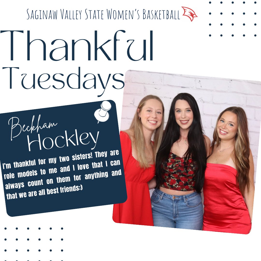 SVSU Women's Basketball (@svsuwbb) on Twitter photo This week we are thankful for sisters who are role models, best friends, and always there 💙
<a href="/beckshockley24/">Becks Hockley</a>
#LIFT | #ThankfulTuesdays | #GoCards | #SVSUWBB This week we are thankful for sisters who are role models, best friends, and always there 💙
<a href="/beckshockley24/">Becks Hockley</a>
#LIFT | #ThankfulTuesdays | #GoCards | #SVSUWBB