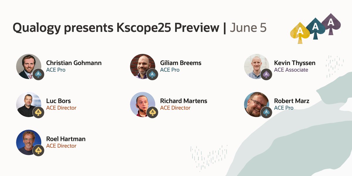 Oracle ACE Program (@oracleace) on Twitter photo Kscope25 Preview will provide you a sneak peek into the ODTUG Kscope 2025, highlighting the upcoming advancements in our field.
Register now 👉
social.ora.cl/6012Nh46I
<a href="/RobbieDatabee/">Robert Marz</a> <a href="/RoelH/">Roel 😎</a> <a href="/rhjmartens/">rhjmartens</a> <a href="/lucb_/">luc bors</a> <a href="/kevinthyssen/">Kevin Thyssen</a> <a href="/GiliamBreems/">Giliam</a> <a href="/CGohmannDE/">Christian Gohmann</a>
#OracleACE Kscope25 Preview will provide you a sneak peek into the ODTUG Kscope 2025, highlighting the upcoming advancements in our field.
Register now 👉
social.ora.cl/6012Nh46I
<a href="/RobbieDatabee/">Robert Marz</a> <a href="/RoelH/">Roel 😎</a> <a href="/rhjmartens/">rhjmartens</a> <a href="/lucb_/">luc bors</a> <a href="/kevinthyssen/">Kevin Thyssen</a> <a href="/GiliamBreems/">Giliam</a> <a href="/CGohmannDE/">Christian Gohmann</a>
#OracleACE