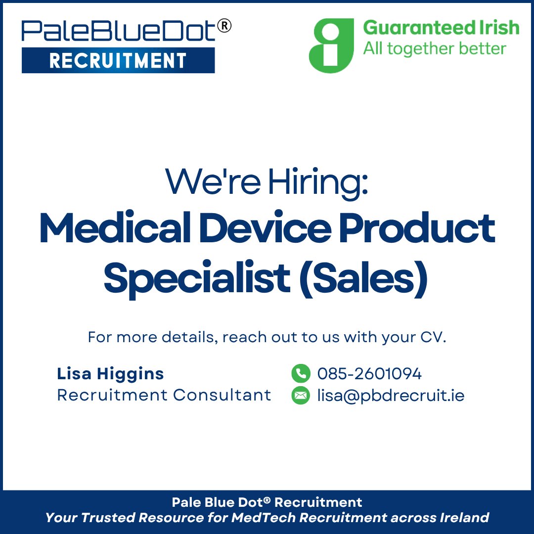 A dynamic opportunity awaits for an ambitious individual to join a forward-thinking medical device organization as a Medical Device Product Specialist.

Contact Lisa or visit pbdrecruit.ie/explorejobs/#j…
for more details 
#PaleBlueDotRecruitment #MedTech