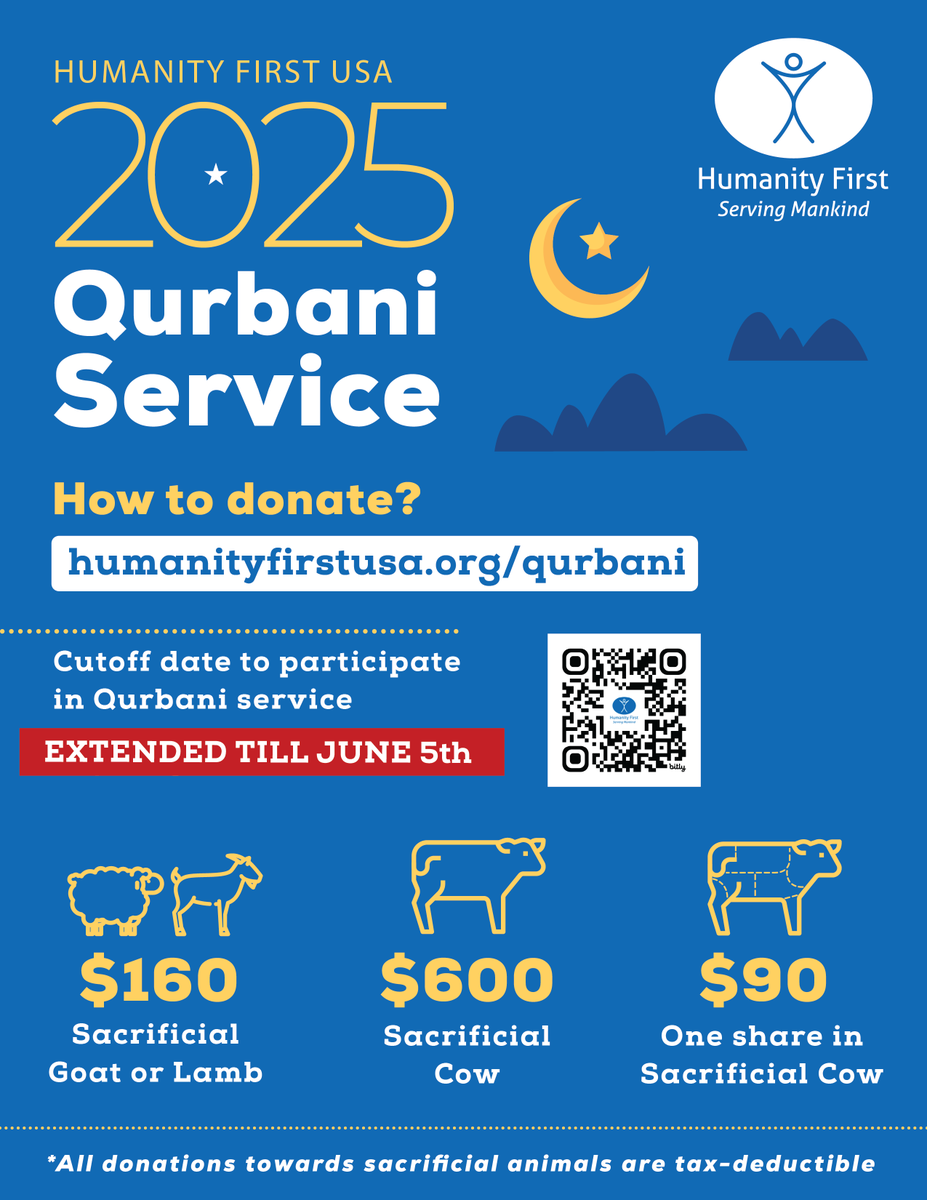 EXTENDED! Make your Qurbani this Eid!

Fulfill your obligation while serving families in need across the world. In 2025 we will offer Qurbani on your behalf in Burkina Faso, Guyana, Indonesia, Liberia, Mali, Tanzania, and in Gaza if conditions allow. 🌍

🌟 Book your Qurbani with