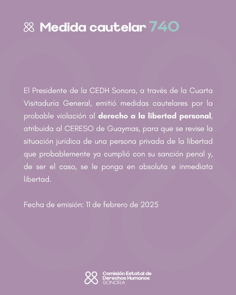 El Presidente de la CEDH Sonora emitió las #MedidasCautelares 737 a 740, para proteger a cuatro PersonasPrivadasdelaLibertad, de las cuales tres requieren atención médica urgente y otra que probablemente ya cumplió con su sanción penal y debe ser puesta en libertad.

Promovemos