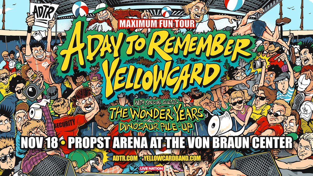 Von Braun Center (@vonbrauncenter) on Twitter photo JUST ANNOUNCED!
🤘 <a href="/adtr/">A Day To Remember</a> is coming to the #VBChsv Propst Arena on Tuesday, November 18th with <a href="/Yellowcard/">Yellowcard</a> plus special guests <a href="/thewonderyears/">The Wonder Years</a> and <a href="/DINOSAURPILEUP/">DINOSAUR PILE-UP</a> for the 'Maximum Fun Tour!' Tickets available this Friday, June 6 at 10a
📲bit.ly/ADaytoRemember… JUST ANNOUNCED!
🤘 <a href="/adtr/">A Day To Remember</a> is coming to the #VBChsv Propst Arena on Tuesday, November 18th with <a href="/Yellowcard/">Yellowcard</a> plus special guests <a href="/thewonderyears/">The Wonder Years</a> and <a href="/DINOSAURPILEUP/">DINOSAUR PILE-UP</a> for the 'Maximum Fun Tour!' Tickets available this Friday, June 6 at 10a
📲bit.ly/ADaytoRemember…