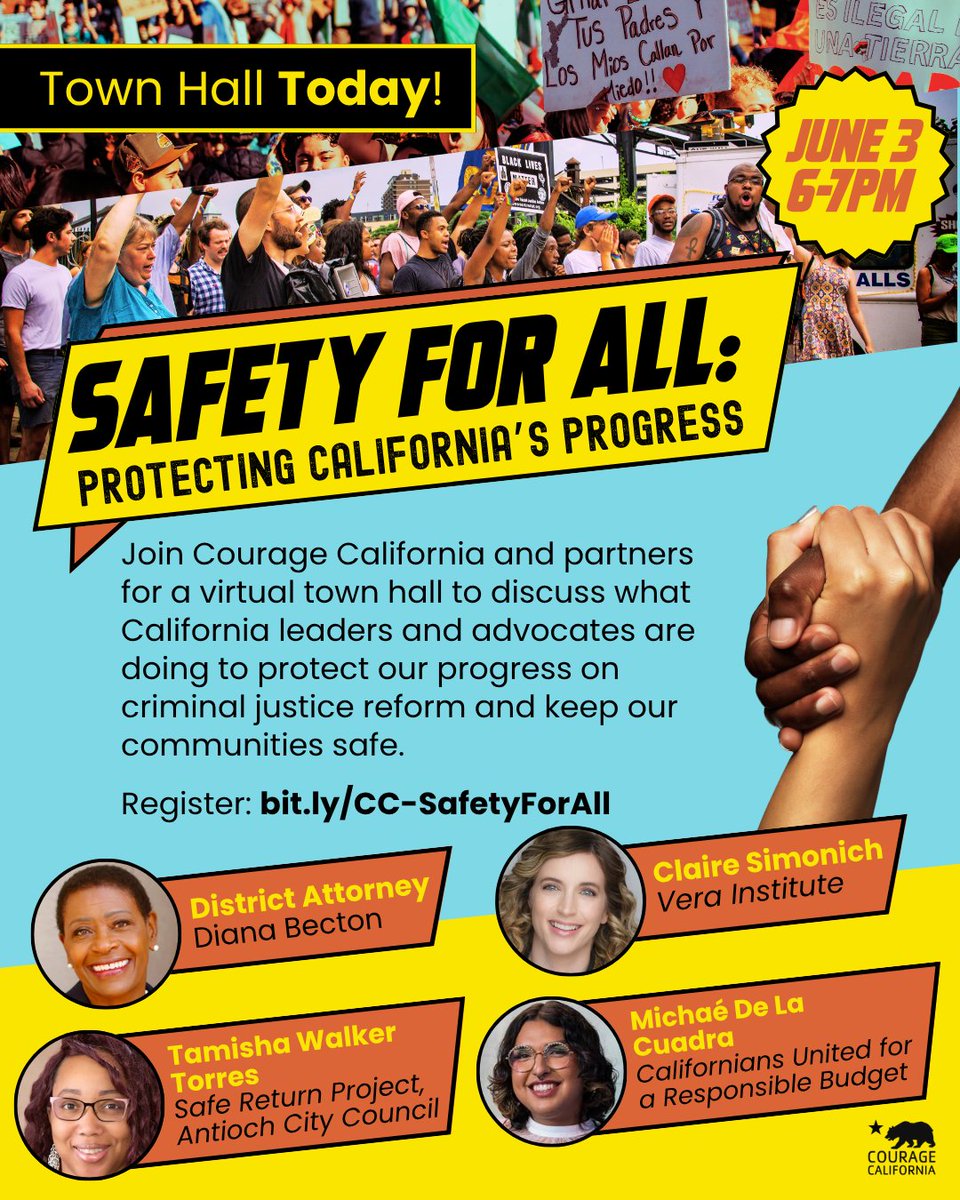 🔔 TODAY, JUN 3 @ 6PM is our virtual public safety town hall!

Hear from California leaders and advocates to learn about the work being done to protect our progress on #CriminalJusticeReform and keep our communities safe.

Register: bit.ly/CC-SafetyForAll