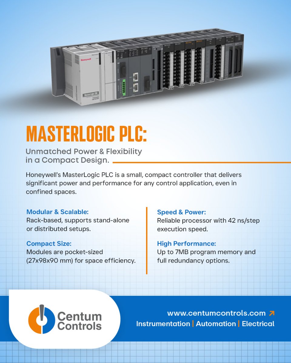 centumcontrols's tweet image. Unleash powerful automation in tight spaces with #Honeywell&apos;s MasterLogic PLC! Compact, modular, and blazing fast. Get unmatched performance for your control applications.

#MasterLogicPLC #CompactAutomation #IndustrialControl #HighPerformancePLC #RackBased #DistributedControl