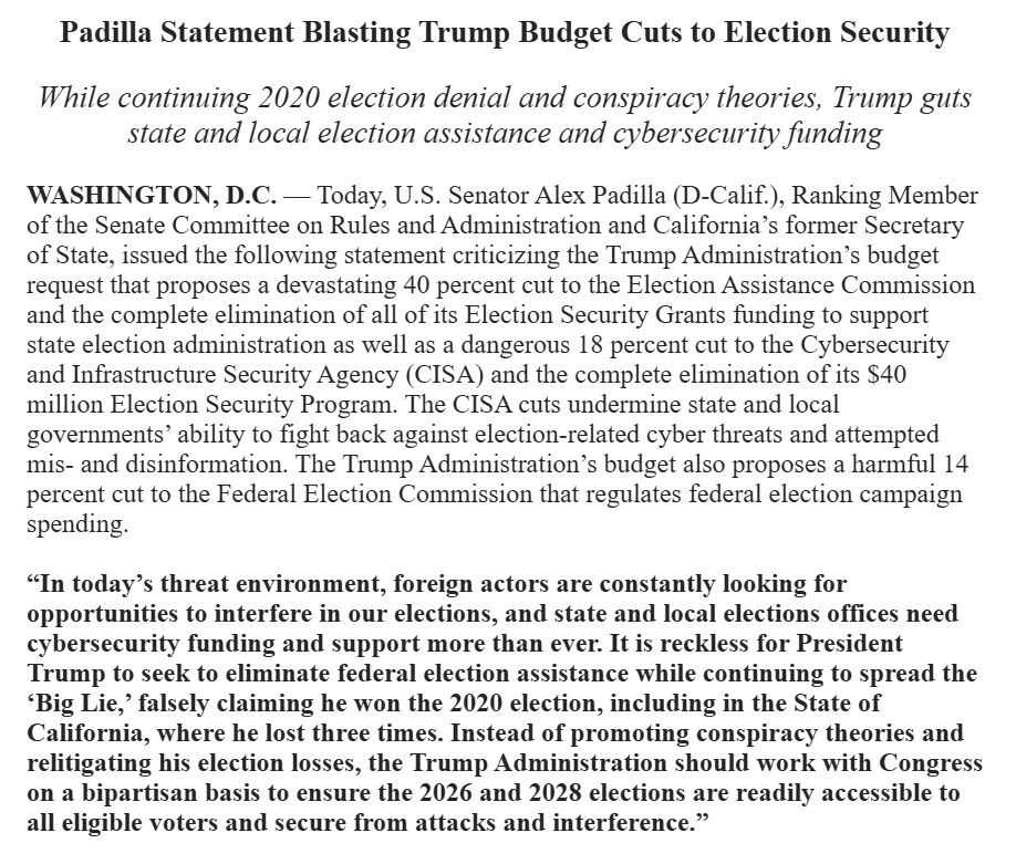 Eric Geller (@ericgeller) on Twitter photo The Trump admin is proposing a $10.7 million (39%) cut to <a href="/EACgov/">Election Asst. Comm.</a>'s budget, as well as the complete elimination of the agency's election security grants ($15m last year). eac.gov/sites/default/…
<a href="/SenAlexPadilla/">Senator Alex Padilla</a>, top Dem on committee overseeing elections, calls it "reckless." The Trump admin is proposing a $10.7 million (39%) cut to <a href="/EACgov/">Election Asst. Comm.</a>'s budget, as well as the complete elimination of the agency's election security grants ($15m last year). eac.gov/sites/default/…
<a href="/SenAlexPadilla/">Senator Alex Padilla</a>, top Dem on committee overseeing elections, calls it "reckless."