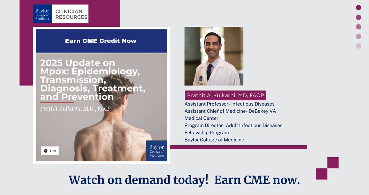 BCM Clinician Resources (@bcmcme) on Twitter photo Stay informed.
<a href="/PrathitKulkarni/">Prathit Kulkarni, MD</a> update on Mpox-- available only on BCM Clinician Resources.
Watch here: bit.ly/3HoOxIB Stay informed.
<a href="/PrathitKulkarni/">Prathit Kulkarni, MD</a> update on Mpox-- available only on BCM Clinician Resources.
Watch here: bit.ly/3HoOxIB