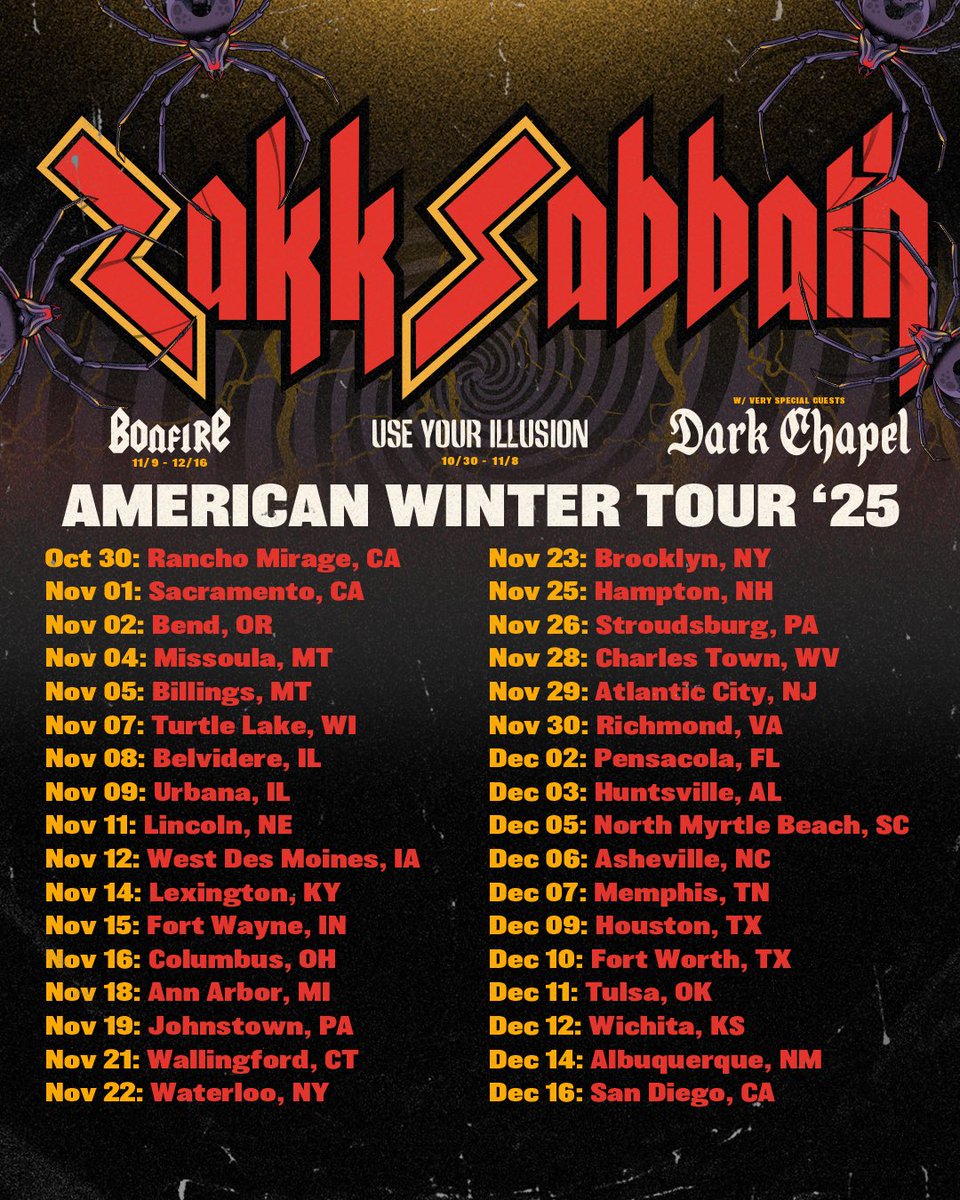 Dario Lorina (@dariolorina) on Twitter photo D A R K C H A P E L will be joining <a href="/ZakkWyldeBLS/">Zakk Wylde</a> on ZAKK SABBATH's AMERICAN WINTER TOUR '25 with USE YOUR ILLUSION and BONFIRE! On sale this Friday, June 6th 2025 at 10am local time! <a href="/darkchapelband/">Dark Chapel</a> <a href="/MNRKHeavy/">MNRK Heavy</a>
ZakkSabbath.LIVE
darkchapelband.com D A R K C H A P E L will be joining <a href="/ZakkWyldeBLS/">Zakk Wylde</a> on ZAKK SABBATH's AMERICAN WINTER TOUR '25 with USE YOUR ILLUSION and BONFIRE! On sale this Friday, June 6th 2025 at 10am local time! <a href="/darkchapelband/">Dark Chapel</a> <a href="/MNRKHeavy/">MNRK Heavy</a>
ZakkSabbath.LIVE
darkchapelband.com
