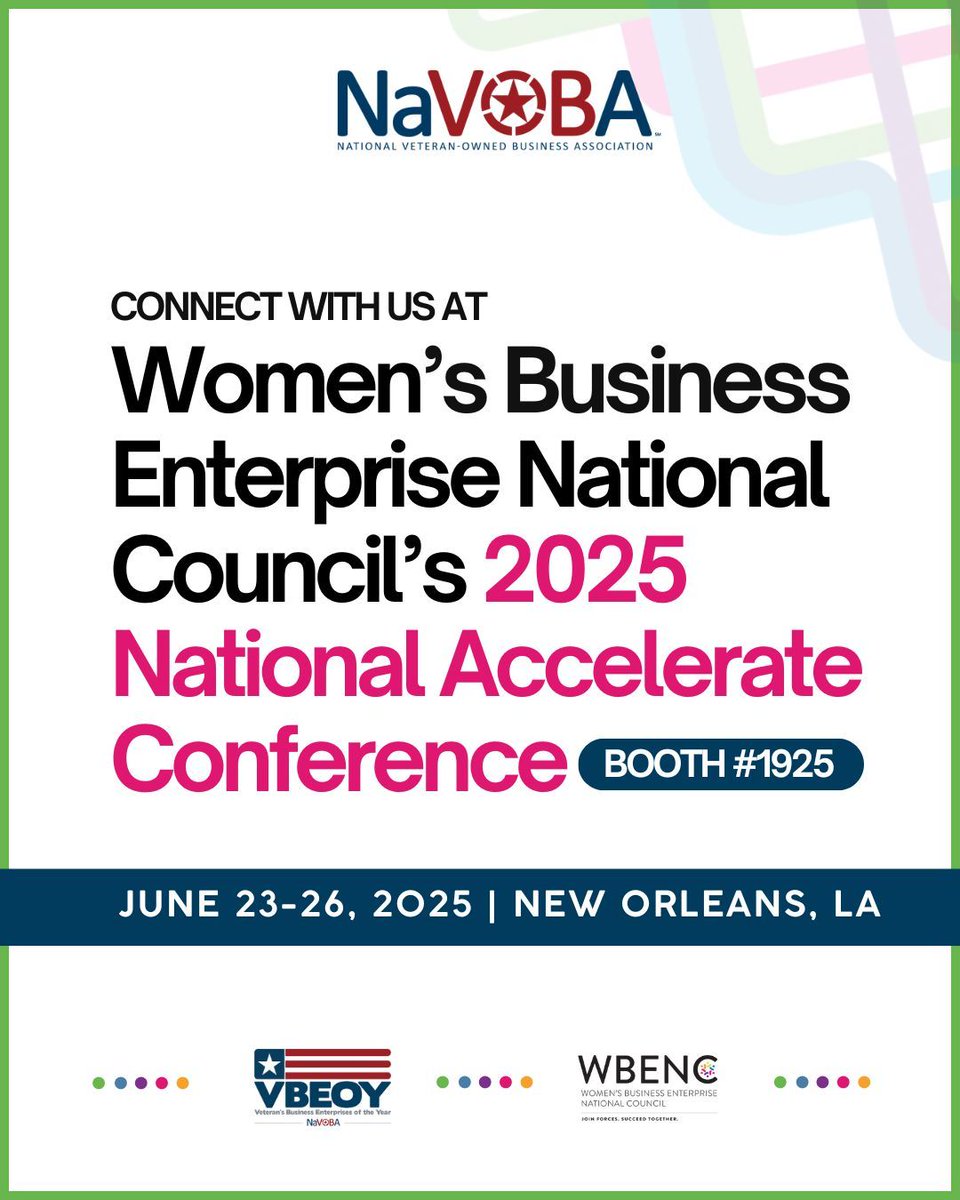 We’re heading to #WBENC25 on June 23! 🎉 Visit NaVOBA at Booth #1925 to meet top veteran- &amp; women-owned businesses, then join us for our Women’s Veteran Business Enterprise of the Year ceremony!

#WVBEOY #NaVOBA #VBE #SDVBE #VBEOY #WomenEntrepreneurs #VeteranEntrepreneurs