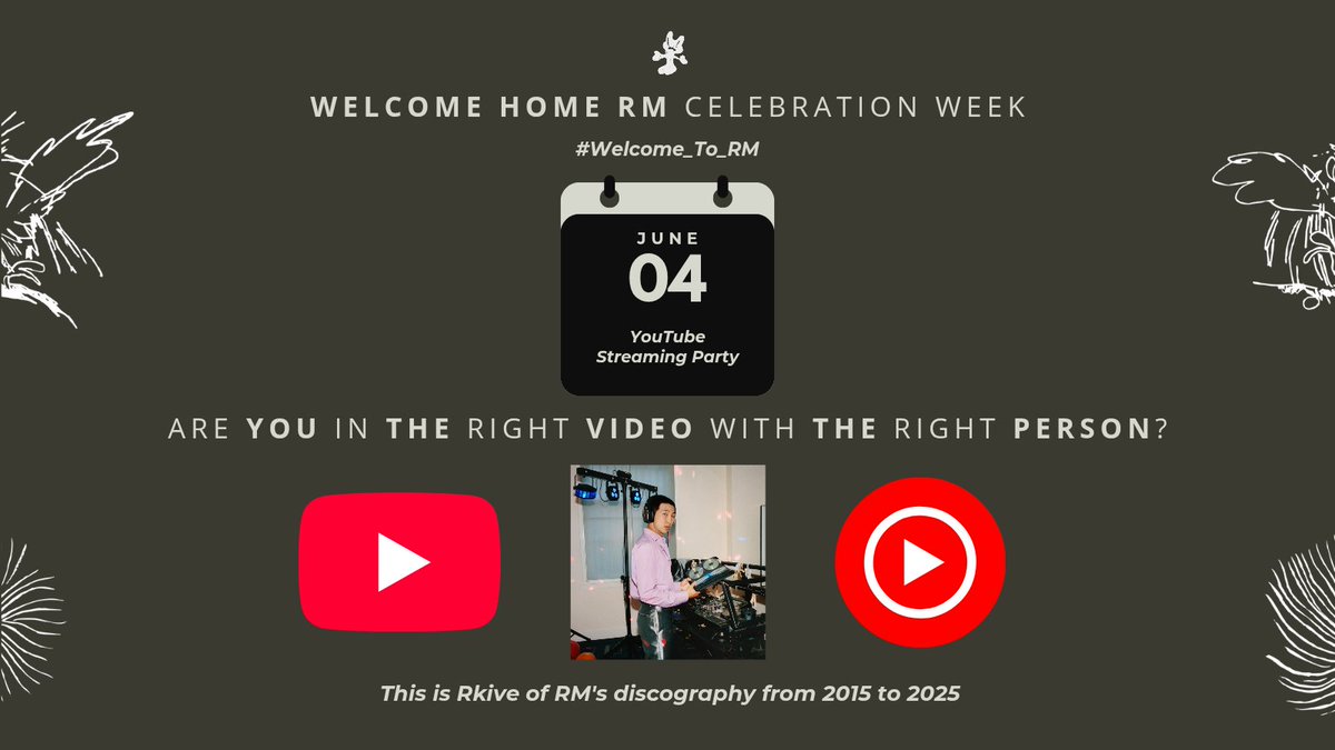 HAPPY NAMJUNE &amp; #12YearsWithRM!

There are 6 DAYS until #RM is home!
#Welcome_To_RM 💜

Let's show our support over on YouTube today! Which is your favourite music video &amp; lyric video?

Playlist: youtube.com/playlist?list=…

Are you in the right video with the right person? 😏