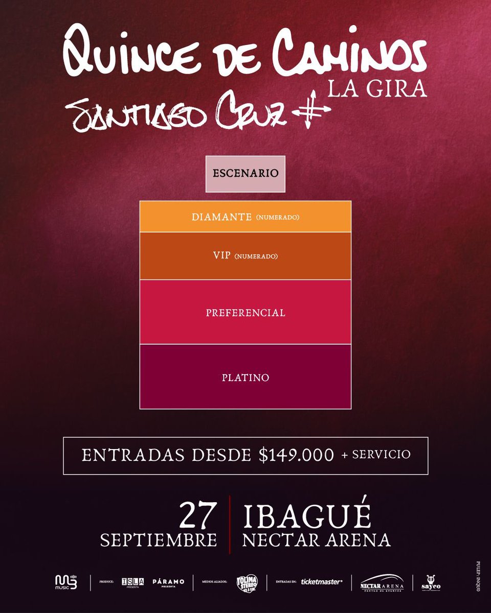 ¡IBAGUÉ DE MI ALMA! YA ESTÁ DISPONIBLE LA BOLETERÍA para nuestro concierto del 27 de septiembre. REGRESO A MI TIERRA! A la ciudad donde empezó todo! Para compartir con ustedes una celebración muy especial! 🔥

🎟️ Entradas aquí: ticketmaster.co/event/santiago…